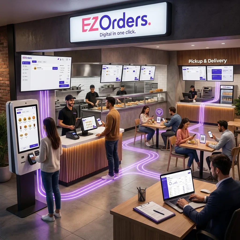מסעדה דיגיטלית עם מערכת EZOrders — עמדת קיוסק, קופה, מסכי תפריט ולקוחות מזמינים מהטלפון
