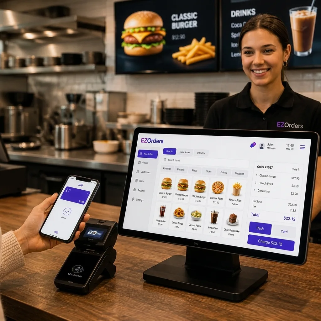 מערכת קופה POS למסעדה של EZOrders — מסך מגע עם תפריט מוצרים ולקוחה משלמת בטלפון