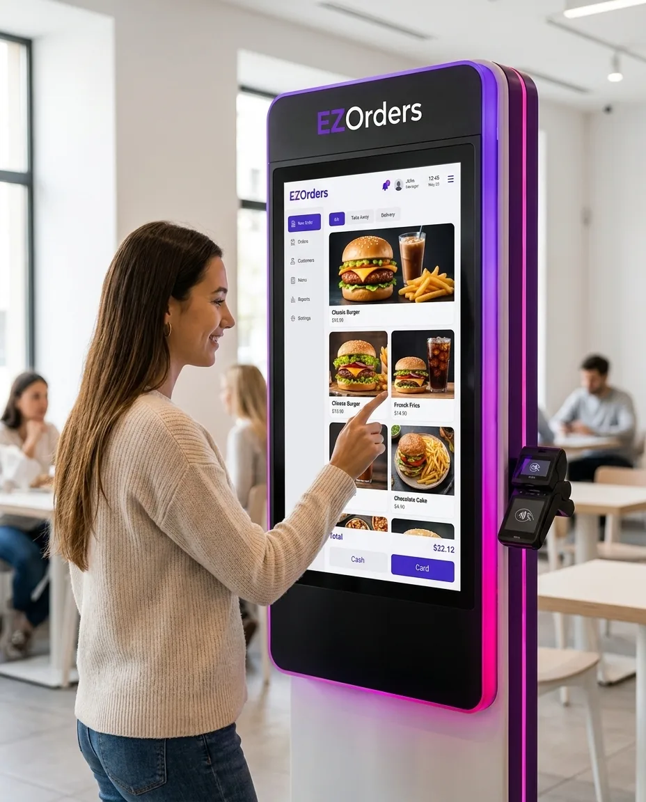 עמדת קיוסק להזמנה עצמית של EZOrders — לקוחה מזמינה במסך מגע ממותג במסעדה